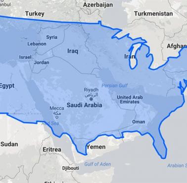 Rozmiar USA naniesiony na mapę Bliskiego Wschodu