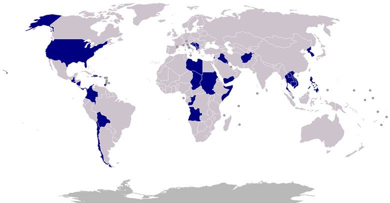 Mapa operacji wojskowych prowadzonych przez Stany Zjednoczone Ameryki od 1950 roku
