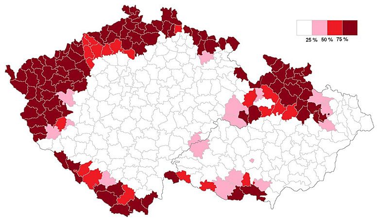 Odsetek ludności niemieckiej w okręgach sądowych w Sudetenlandzie, Czechosłowacja według spisu ludności z 1930 roku
