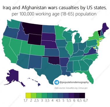 Liczba ofiar wojen w Iraku i Afganistanie w poszczególnych stanach USA, na 100 tys. mieszkańców w wieku produkcyjnym (18-65 lat)