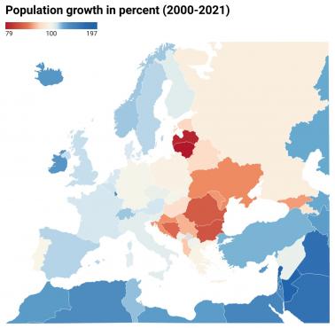 Zmiany populacji w Europie w latach 2000-2021