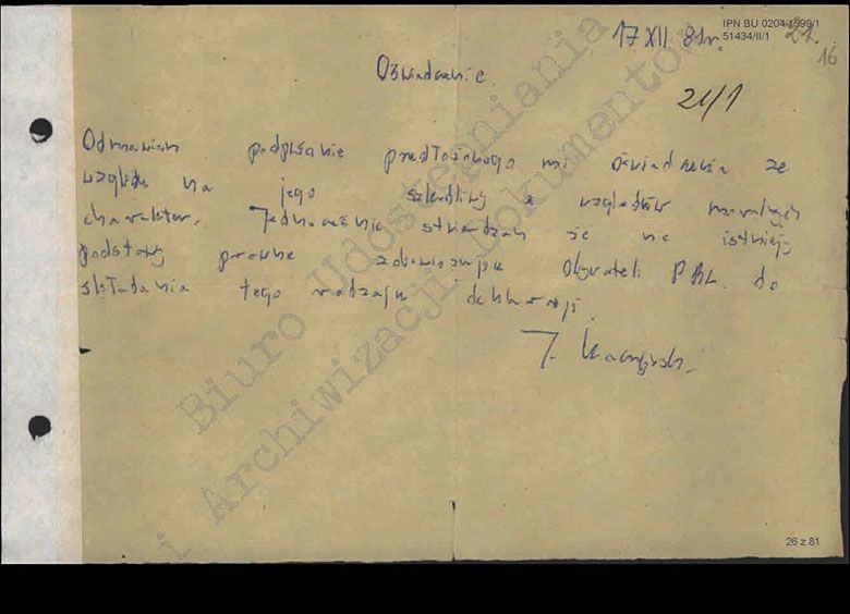 17.XII.1981, oryginalny dokument MSW, gdzie Jarosław Kaczyński odmawia podpisania lojalki