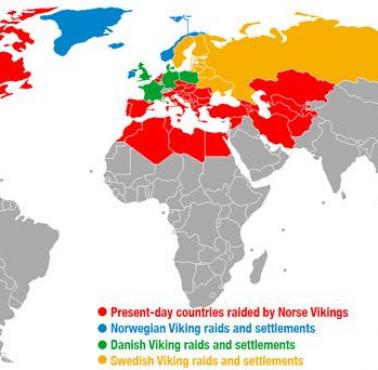 Tereny, które zostały napadnięte lub zasiedlone przez wikingów (z naniesionymi granicami współczesnych państw)