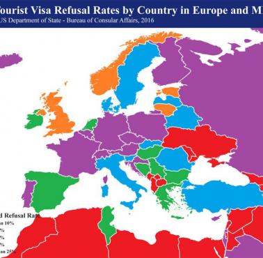 Procent odmów wiz turystycznych do USA, Europa, Bliski Wschód, Afryka Północna