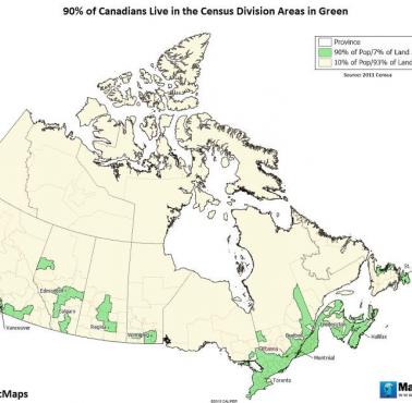 90% Kanadyjczyków mieszka w zaznaczonych na mapie obszarach. Gęstość zaludnienia Kanady