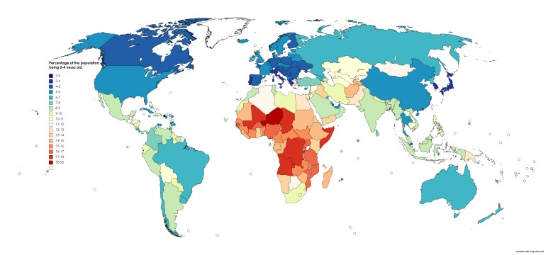 Odsetek populacji w wieku 0-4 lat na świecie, 2021. Dane populationpyramid.net