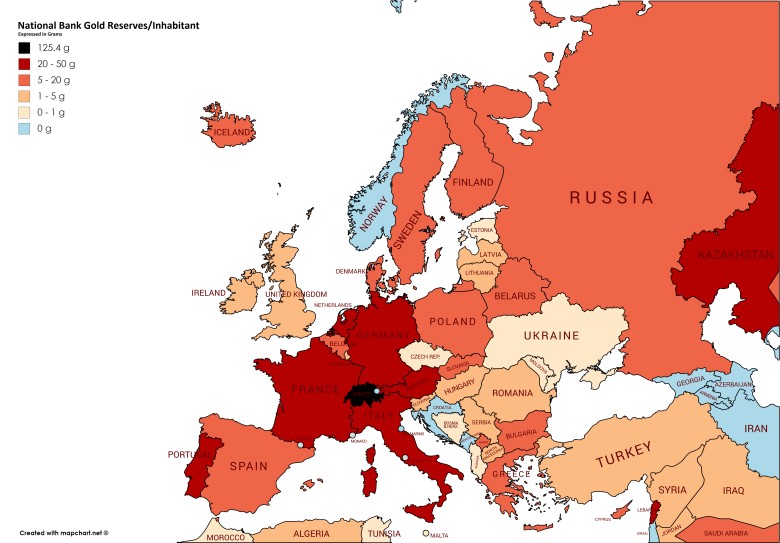 Rezerwy złota w gramach na osobę w poszczególnych państwach Europy