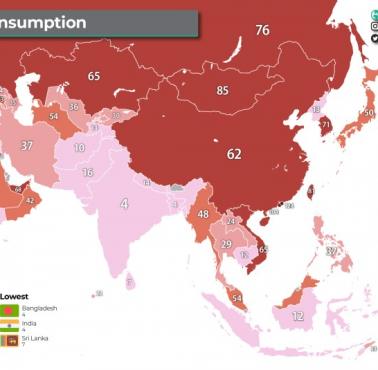 Spożycie mięsa w przeliczeniu na jednego mieszkańca w poszczególnych krajach Azji