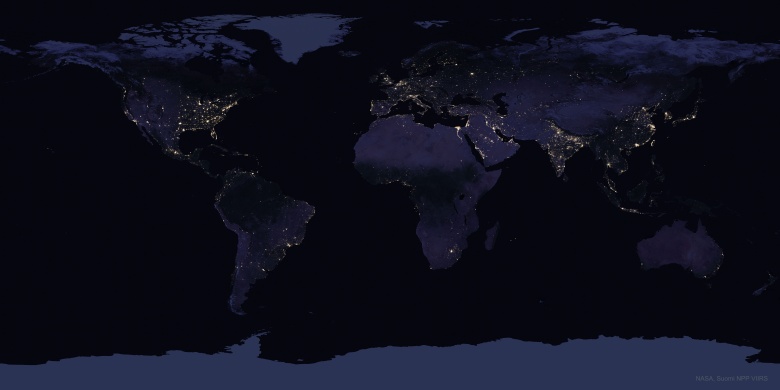 Stopień zurbanizowania Ziemi - Świat nocą, źródło NASA