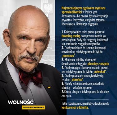 Janusz Korwin-Mikke przedstawia szkic Programu Wolności w zakresie sądownictwa. Punkt pierwszy: adwokatura