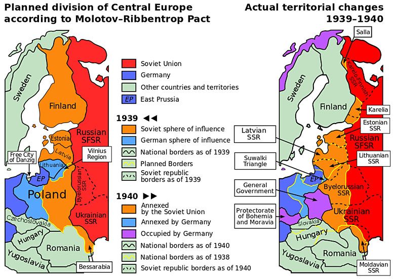 Planowany podział Europy Środkowej zgodnie z Paktem niemiecko-rosyjskim (Ribbentrop-Mołotow) rozpoczął II wojnę światową, 1939