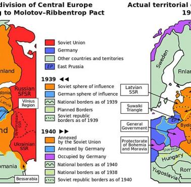 Planowany podział Europy Środkowej zgodnie z Paktem niemiecko-rosyjskim (Ribbentrop-Mołotow) rozpoczął II wojnę światową, 1939