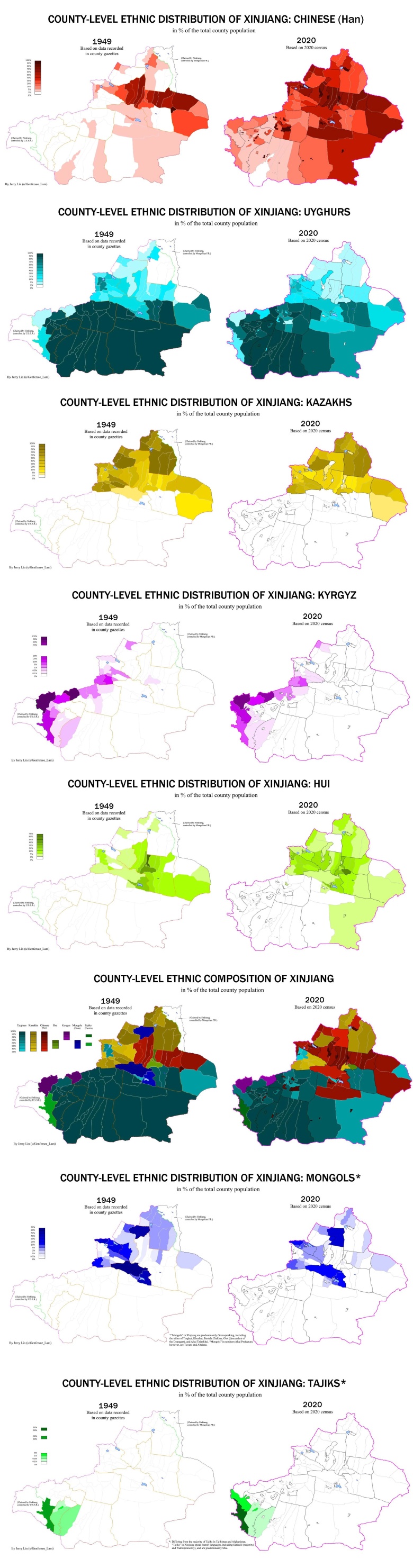 Skład etniczny regionu autonomicznego Xinjiang (Sinciang) na poziomie hrabstwa, 1949 i 2020
