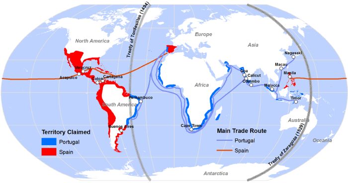 Podział kolonii i wpływów pomiędzy Portugalią i Hiszpanią na mocy Traktatu z Tordesillas, 1494