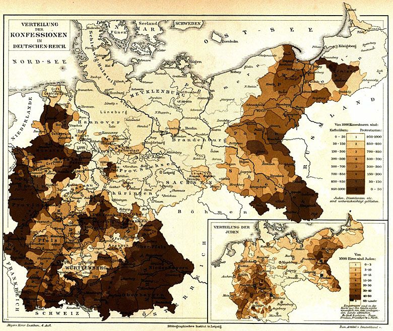 Mapa religii w II Rzeszy 1885, ciemniejszy kolor oznacza większy odsetek katolików, jaśniejszy protestanci, w okienku Żydzi