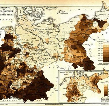 Mapa religii w II Rzeszy 1885, ciemniejszy kolor oznacza większy odsetek katolików, jaśniejszy protestanci, w okienku Żydzi