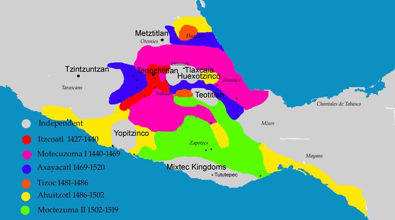 Mapa ekspansji imperium azteckiego pokazująca obszary podbite