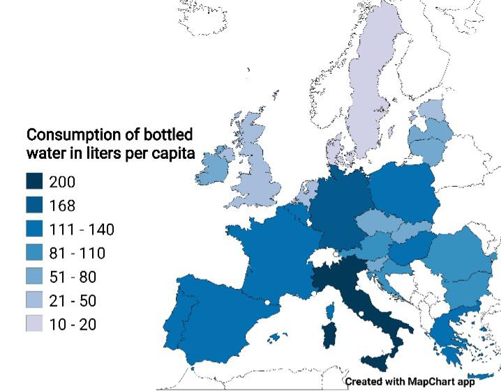Spożycie wody butelkowanej na osobę w Europie w 2019 r.