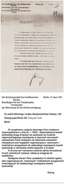 31.07.1941 rozkaz Goeringa do szefa RSHA Heydricha, nakazujący opracowanie planu rozwiązania kwestii żydowskiej
