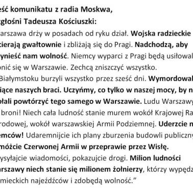 30.07.44r. radio Moskwa kolejne 4 razy nadało wezwanie do ludności W-wy nawołujące do walki z Niemcami i pomocy Armii Czerwonej