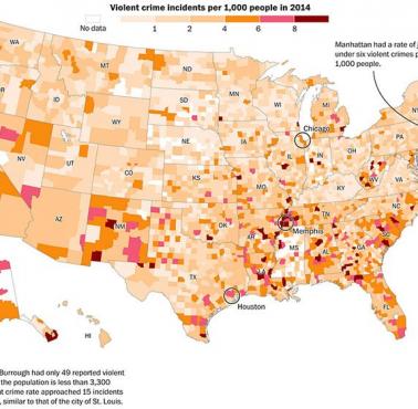 Brutalne przestępstwa na 1 tys. mieszkańców w poszczególnych amerykańskich hrabstwach, 2014