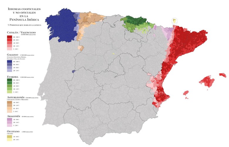 Mapa językowa Hiszpanii. Języki regionalne Hiszpanii i odsetek osób posługujących się każdym z nich