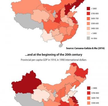 PKB na osobę w chińskich prowincjach w 1873, 1914, 1990 roku