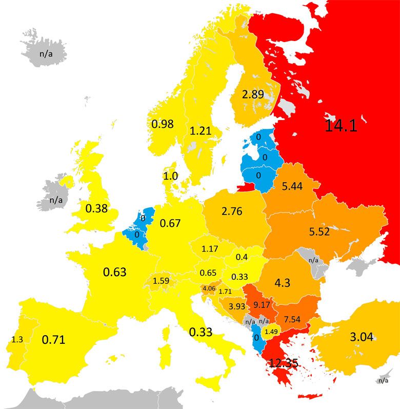 Liczba czołgów na 100 tys. mieszkańców w poszczególnych państwach Europy