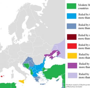 Obszary kontrolowane przez muzułmanów w Europie wraz z liczbą lat