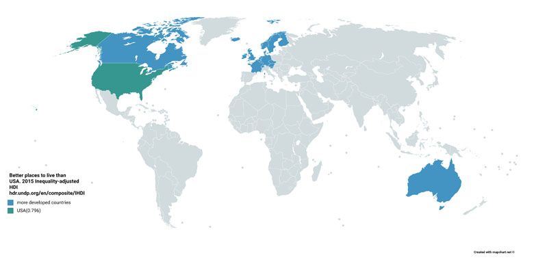 Lepsze miejsca do życia niż USA, dane z 2015 według HDI (Wskaźnik rozwoju społecznego, Human Development Index)