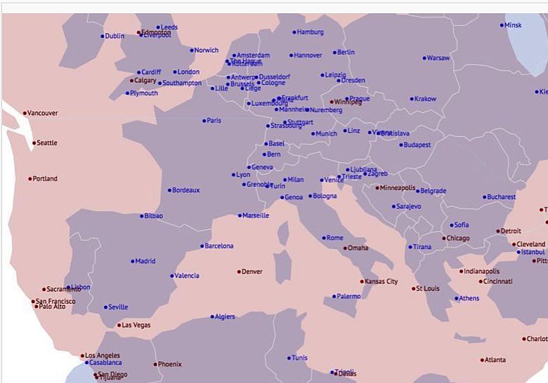 Miasta europejskie i Ameryki Północnej nałożone równoważną szerokością geograficzną