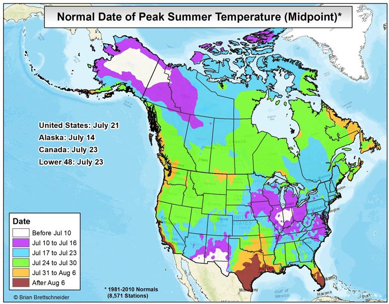 Kiedy w USA i Kanadzie jest najwyższa temperatura, dane 1981-2010