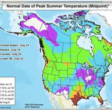 Kiedy w USA i Kanadzie jest najwyższa temperatura, dane 1981-2010