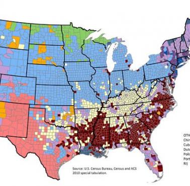 Dominujące pochodzenie (etymologia) Amerykanów z podziałem na hrabstwa (z wyłączeniem Hawajów i Alaski)