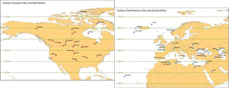 Miasta europejskie i Ameryki Północnej nałożone równoważną szerokością geograficzną