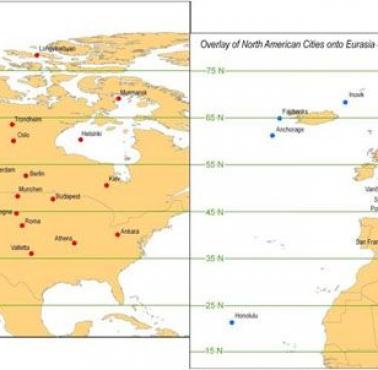 Miasta europejskie i Ameryki Północnej nałożone równoważną szerokością geograficzną