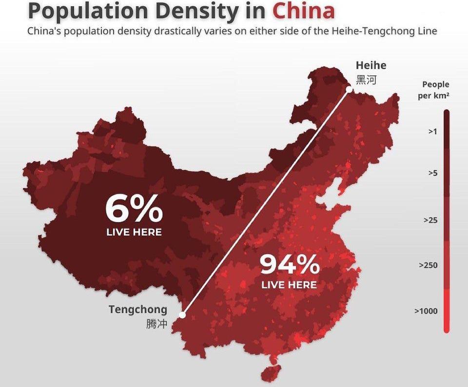 94 proc. Chińczyków mieszka na obszarze zaznaczonym na czerwono
