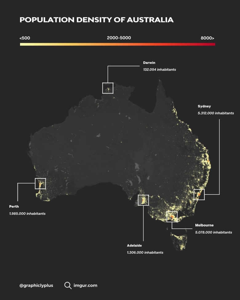 Gęstość zaludnienia Australii. Zamieszkała część Australii