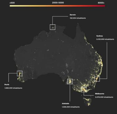 Gęstość zaludnienia Australii. Zamieszkała część Australii