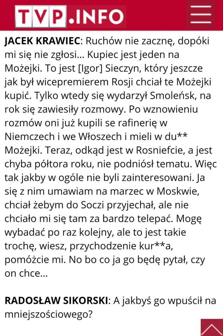 Jak mówią nie tylko w Rosji, Igor Sieczin to najważniejszy generał Putina (z podsłuchanej rozmowy R.Sikorski - J.Krawiec)