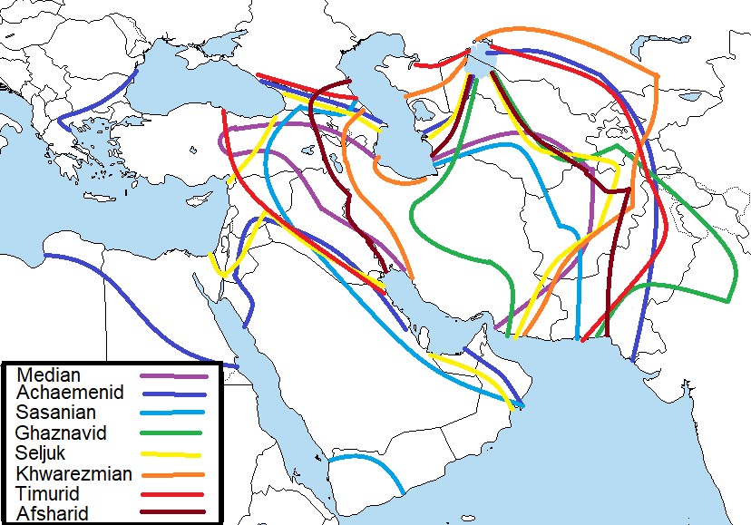 Imperium Sasanidów oraz zasięg Persji (Iran) w różnym okresie historycznym