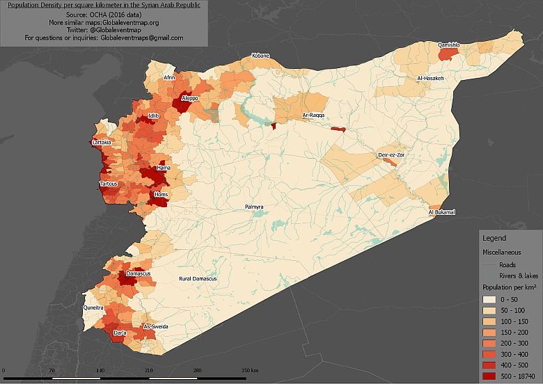 Mapa gęstości zaludnienia w Syryjskiej Republice Arabskiej