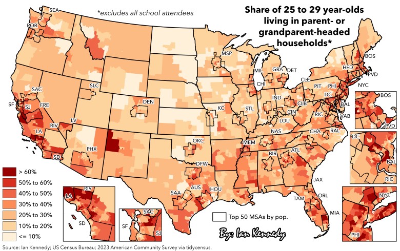 Jaki procent dorosłych mieszka z rodzicami, USA, dane z lat 2005 i 2015