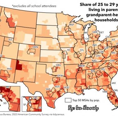 Jaki procent dorosłych mieszka z rodzicami, USA, dane z lat 2005 i 2015