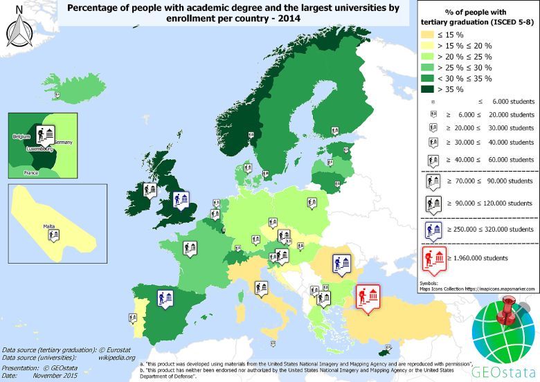 Procent osób z wykształceniem wyższym i największymi uniwersytetami, Europa, 2015