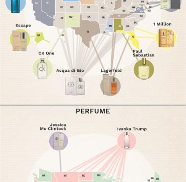 Mapa przedstawia preferencje dotyczące perfum i wody kolońskiej w Stanach Zjednoczonych