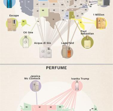 Mapa przedstawia preferencje dotyczące perfum i wody kolońskiej w USA, 2016