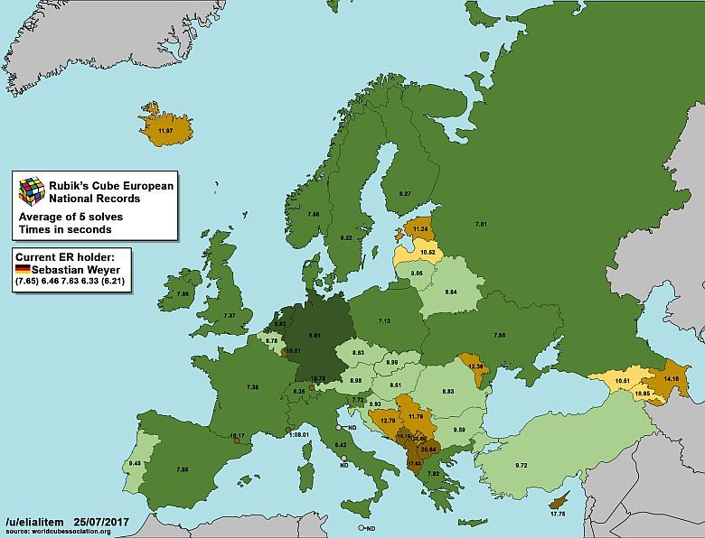 Najszybsze czasy w układaniu kostki Rubika w poszczególnych państwach Europy, dane lipiec 2017
