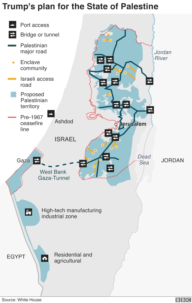 Mapa Palestyny zaproponowana przez Jareda Kushnera (administracja Trumpa)