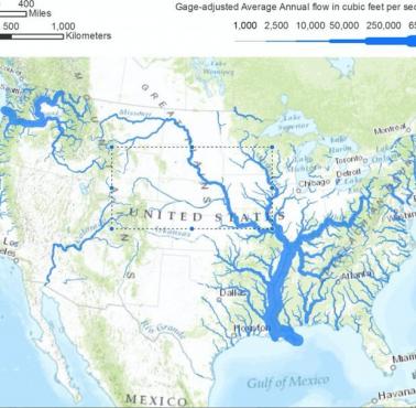 Rzeki USA z pokazaniem średniego rocznego przepływu